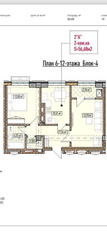 57: 2 комнаты, 57 м², Южная Магистраль 12 этаж, ПСО (под самоотделку) — 2