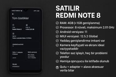 Redmi: Redmi Note 8, 4 GB, rəng - Ağ, Barmaq izi, İki sim kartlı, Face ID