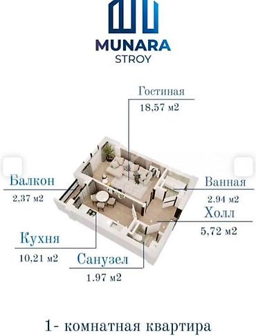 5: 1 комната, 41 м², Кок-Жар ж/м Элитка, 5 этаж, ПСО (под самоотделку) — 3