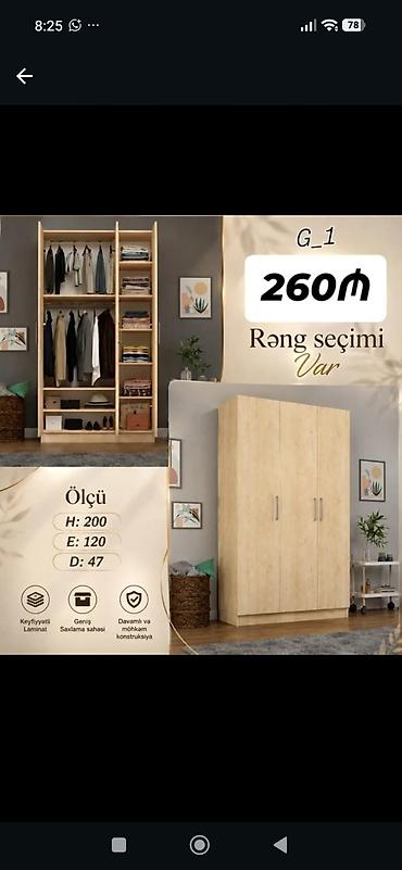 Geniş saxlama sahəsinə malik 3 qapılı dolab. Model həm asılqan