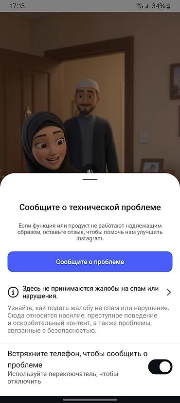 Экран «Сообщите о технической проблеме» в приложении Instagram