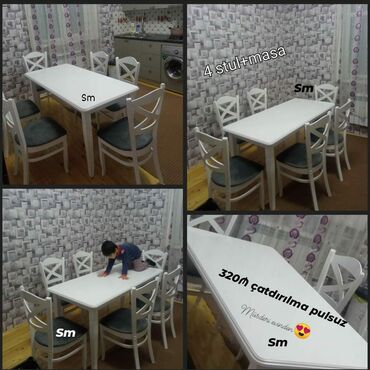 Mətbəx üçün, Yeni, Açılmayan, Dördbucaq masa, 4 stul
