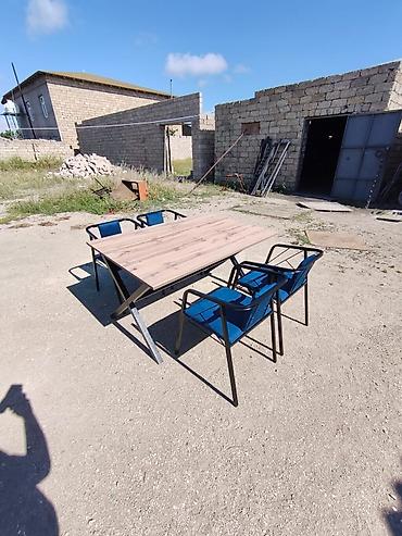 həyət üçün stol: Metal karkaslı masa və 4 stul dəsti - Masa: düzbucaqlı forma, ağac — 3