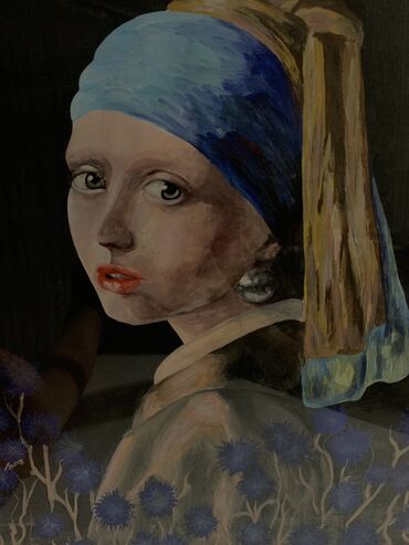 өрмө кара: Картина гуашью А3, в рамке . «Девушка с жемчужной сережкой»