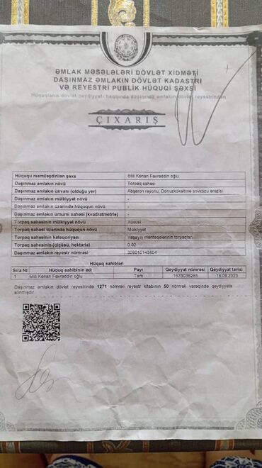 Qazanlar: 2 sot, Tikinti, Mülkiyyətçi, Kupça (Çıxarış)