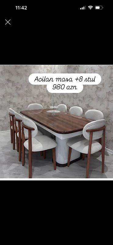 Açılan masa + 8 ədəd stul dəsti - Zərif dizaynlı, açılıb-büzülən