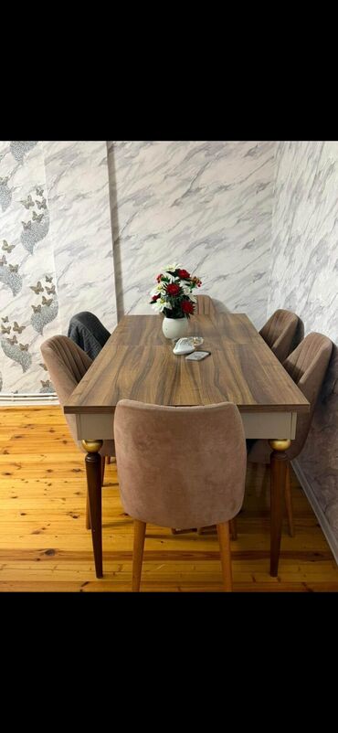 Stullar: Qonaq otağı üçün, İşlənmiş, Açılan, Dördbucaq masa, 6 stul