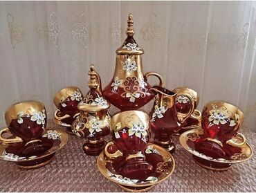 cay servis: Çay dəsti, rəng - Qırmızı, Bohemia, 5 nəfərlik, Çexiya