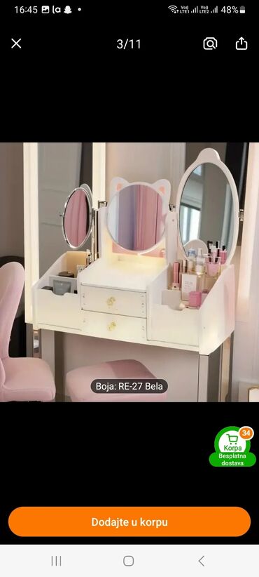 Neseseri: Organizator za kozmetiku u beloj boji sa ogledalom. Poseduje dve fioke — 9