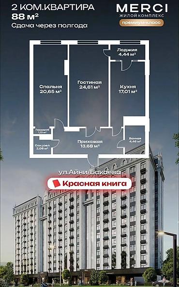 Продажа квартир: 2 комнаты, 88 м², ул. Ахунбаева / Бакаева Элитка, 5 этаж, ПСО (под самоотделку) — 4