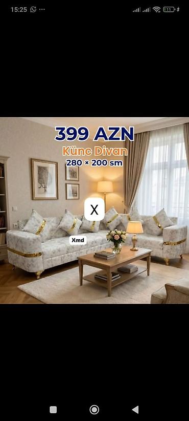 divanda: Künc divan – 280 × 200 sm - Rəng: açıq boz çalarlı, incə naxışlı — 1