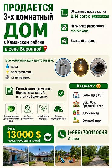Үйлөр: Продается 3‑х комнатный дом в Кеминском районе, село Бородой — 1