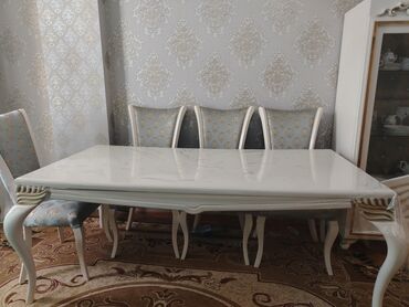 metbex stol stul: Qonaq otağı üçün, İşlənmiş, Açılmayan, Dördbucaq masa, 6 stul