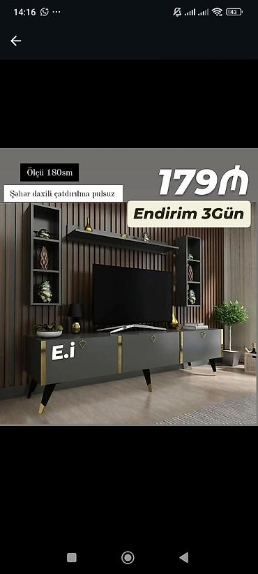 TV altlığı: TV stolüstü dəsti – 180 sm - Rəng: qrafit/qaranlıq boz, qızılı dekor — 1