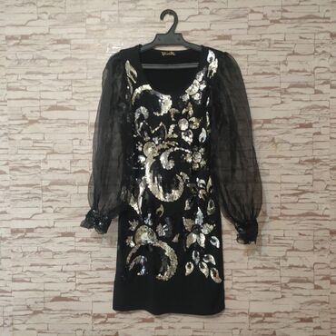 черное вечернее платье: Вечернее платье, Коктейльное, Короткая модель, С рукавами, Стразы, 2XL (EU 44)