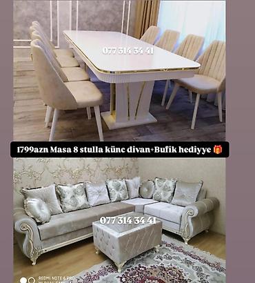 Masa və oturacaq dəstləri: Masa və 6 stul dəsti – Xmd • Komplekt: 1 yemək masası + 6 ədəd stul — 129