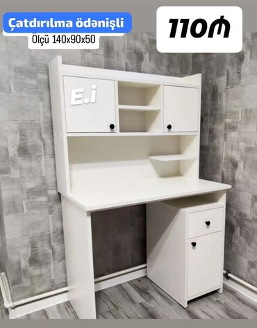 стеклянная подставка под телевизор: Yazı/iş masası – üst dolablı model - Rəng: ağ - Ölçü: 140 × 90 × 50