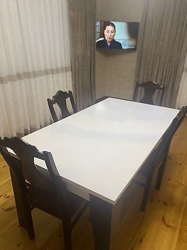 metbex ucun stol stullar: Ağ stol və 6 ədəd stul dəsti - Stol: düzbucaqlı forma, parlaq ağ — 1