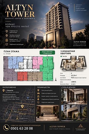 сутишний квартира: 3 комнаты, 112 м², Площадь Ала-Тоо 6 этаж, ПСО (под самоотделку) — 1