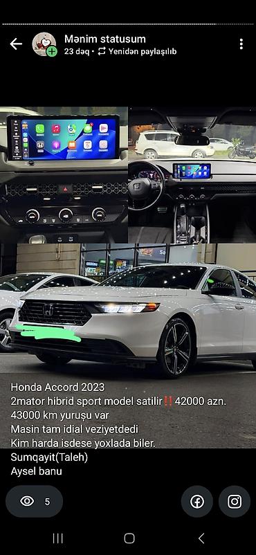 prius teker: Honda Accord 2023 – 2 mühərrikli hibrid Sport model - Yürüş: 43,000 — 1
