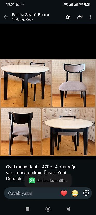 Oval masa dəsti. 470₼. 4 oturcağı var. masa açılmır. Ünvan Yeni lalafo.az -da Oval masa dəsti. 470₼. 4 oturcağı var. masa açılmır. Ünvan Yeni