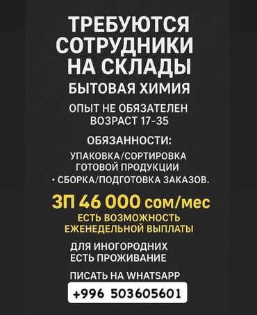 Другие специальности в продажах: БИШКЕК Требуются сотрудники на склады : бытовая химия косметика