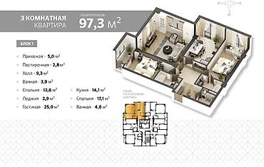 микр 3: 3 комнаты, 98 м², Филармония Элитка, 6 этаж, ПСО (под самоотделку) — 7