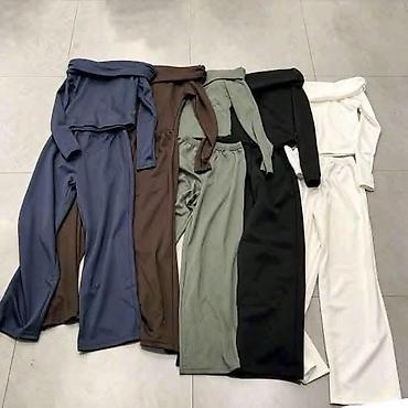duge tunike: Ženski komplet sa otkrivenim ramenima – bluza + široke pantalone — 2