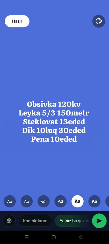 usden cixm dam ortuyu: Tikinti/izolyasiya materialları paketi Tərkib: - Obsivka 120 kv -