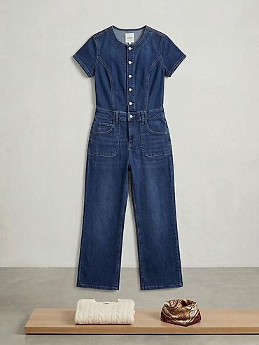 Denim kombinezon - Model: qısaqol, düyməli ön hissə - Material