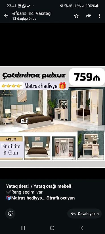 bagca mebel: *Yataq dəsti / Yataq otağı mebeli* ✔️Rəng seçimi var *🎁Matras — 3