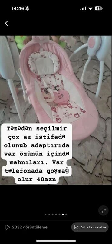 Игрушки: Uşaq beşiyi/elektrik yelləncəyi – çəhrayı rəngdə - Rahat oturacaq və