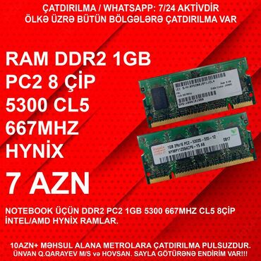Masaüstü kompüterlər və iş stansiyaları: Operativ yaddaş (RAM) 1 GB, < 1333 Mhz, DDR2, Noutbuk üçün, İşlənmiş