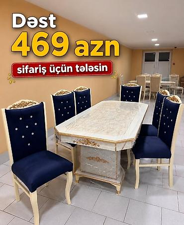 tək stul: Yemək otağı dəsti – 469 AZN Tərkibi: - 1 ədəd uzun düzbucaqlı masa - — 1