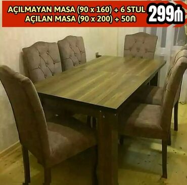 Masa və oturacaq dəstləri: Qonaq otağı üçün, Yeni, Açılmayan, Dördbucaq masa, 6 stul