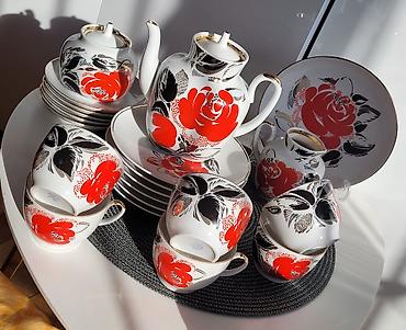 çay servisi: Çay dəsti, rəng - Qırmızı, Farfor, SSRİ — 2