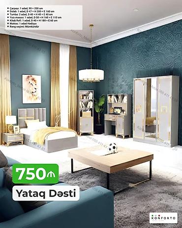 tek dolablar: Yataq Dəsti – 750₼ Komplektə daxildir: - Çarpayı: 1 ədəd, 90 × 200 sm — 1