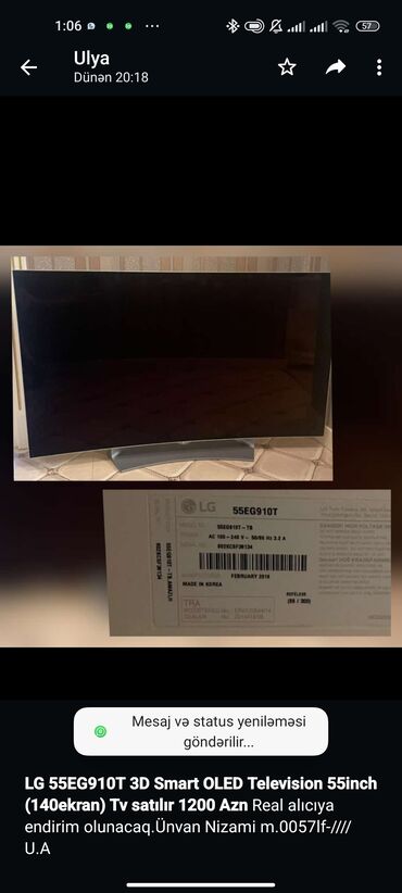 *LG 55EG910T 3D Smart OLED Television 55inch (140ekran) Tv satılır