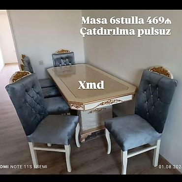 Masa və oturacaq dəstləri: Mebel dəsti – masa və 6 stul - Klassik üslubda, ağ-krem rəngli masa; — 3