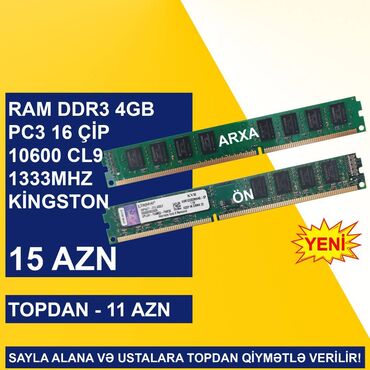komputer siçanı: Operativ yaddaş (RAM) Kingston, 4 GB, 1333 Mhz, DDR3, PC üçün, Yeni