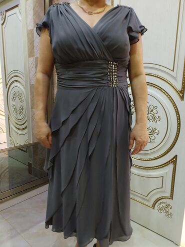 Ziyafət donları: Zərif tünd-boz rəngli ziyafət/gecə paltarı - Uzunluq: midiyə yaxın — 7