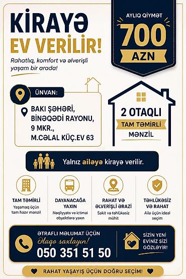 9cu mikrorayon: Kirayə verilir: tam təmirli 2 otaqlı mənzil Ünvan: Bakı şəhəri — 1