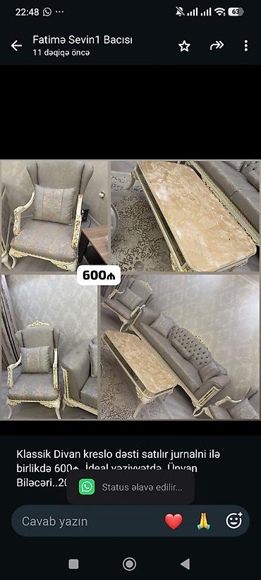 Klassik Divan kreslo dəsti satılır jurnalni ilə birlikdə 600₼. İdeal