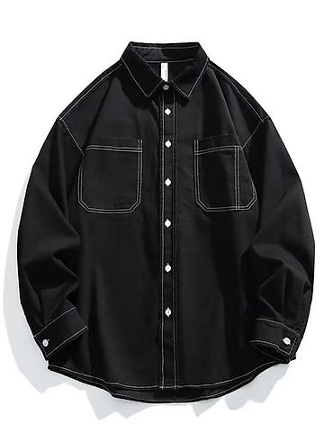 Рубашки: Мужская рубашка oversize, черная, с контрастной белой отстрочкой — 1