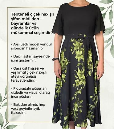 Təntənəli çiçək naxışlı şifon midi don — bayramlar və gündəlik üçün