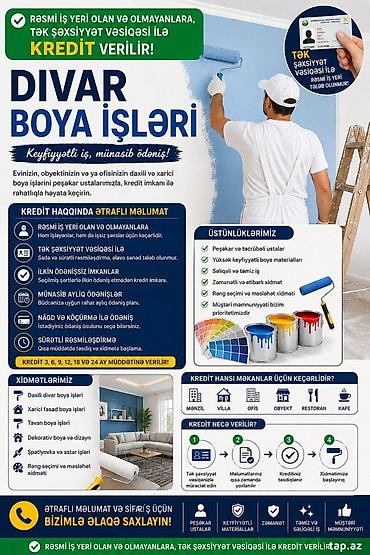 boya isleri: Divar boya işləri Bütün kateqoriyalar • Xidmətlər və biznes • Təmir — 1