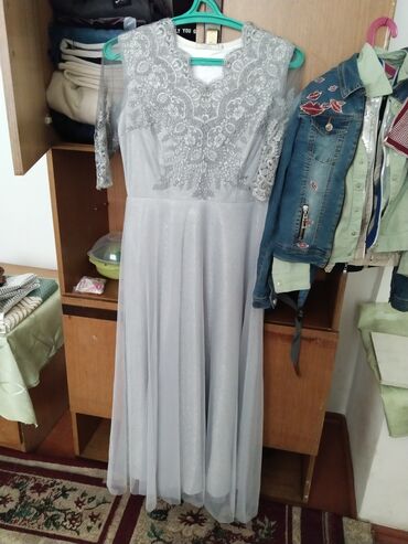 сережку серебро: Вечернее платье, Длинная модель, С рукавами, 5XL (EU 50)