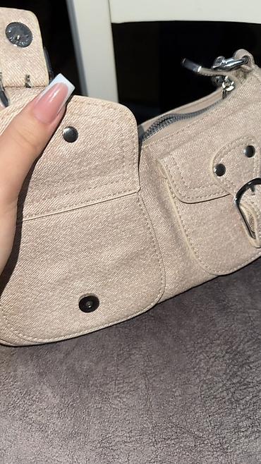 Çantalar: Bej rəngli çiyin/mini baget çanta - Material: toxuma (kətan effekti) — 3
