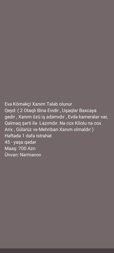 mərdəkan iş elanları: Dayə tələb olunur, 30-45 yaş, 1-2 illik təcrübə, 6/1