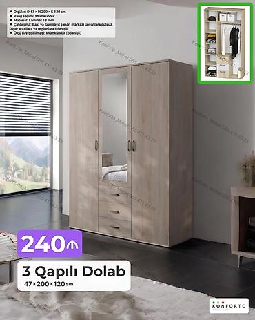 Mebel: 3 qapılı geyim dolabı Ölçülər: D 47 × H 200 × E 120 sm (47×200×120 — 1
